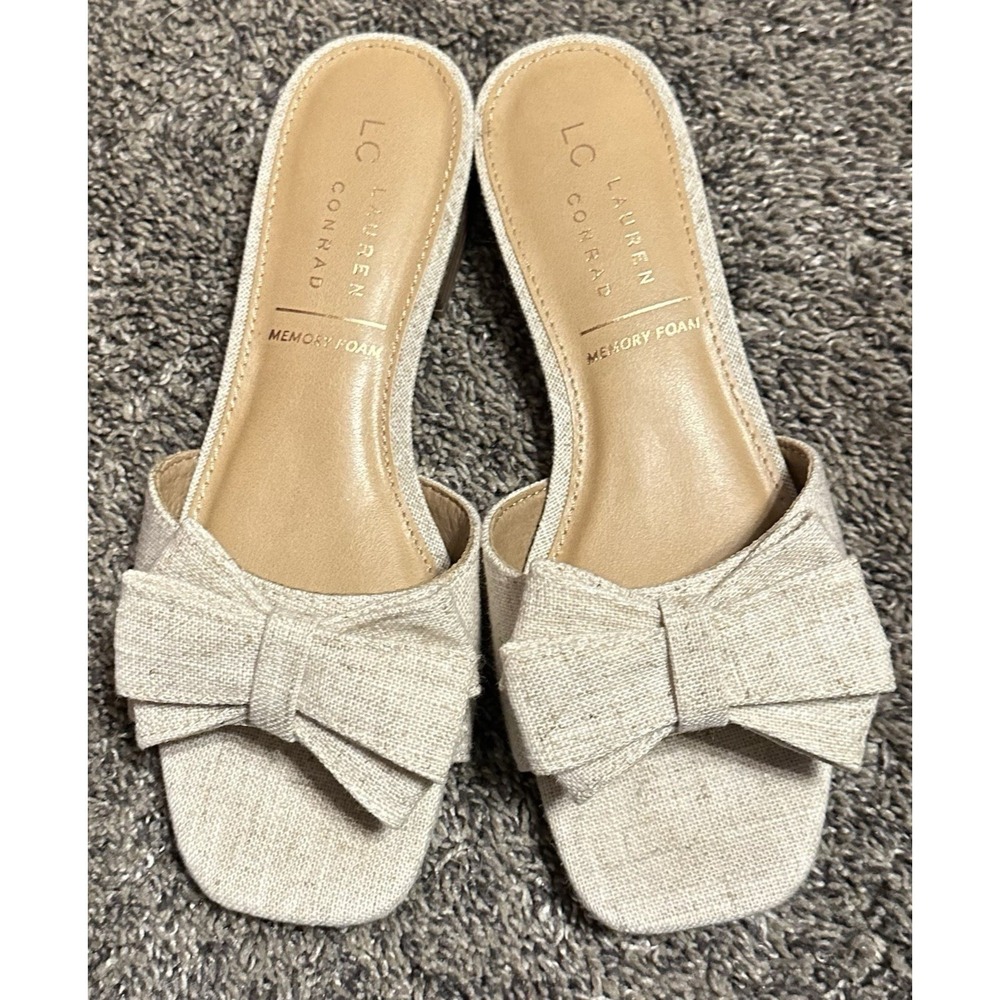 Lauren Conrad Heeled Memory Foam Bow Sandals Shoes-Color Linen-Size 6